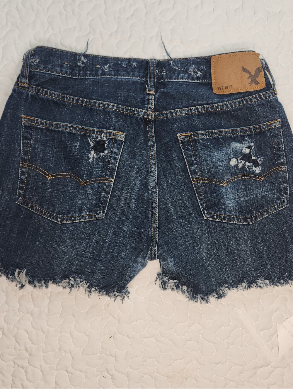 Men 29 BOOTY SHORTS American Eagle SHORTIE Blue Denim Distressed 3" inseam Jean